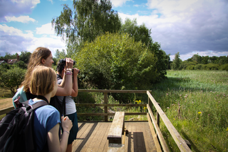 Three students standing on decking with binoculars overlooking a reed bed 