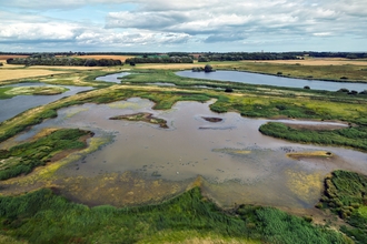 A wetland landscape viewed from the air with pools of freshwater and scrub habitat