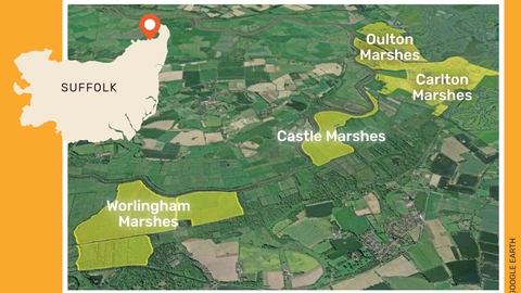 A map showing Worlingham Marshes next to Castle Marsh and Carlton and Oulton Marshes