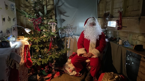 Father Christmas sitting in a grotto decorated with a christmas tree 