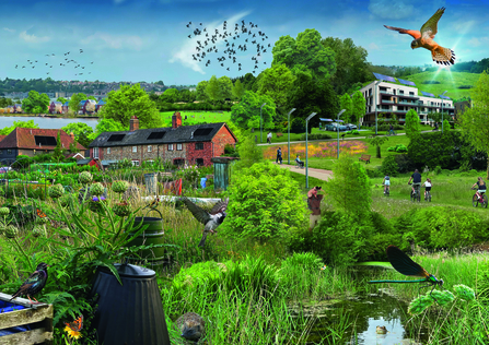 Suffolk Wildlife Trust urban vision illustration, Dan Hilliard, 2021