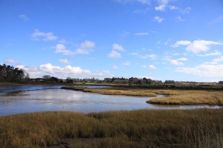 A blue sky with scattered clouds over looking low tides at martlesham wilds