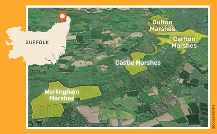 A map showing Worlingham Marshes next to Castle Marsh and Carlton and Oulton Marshes